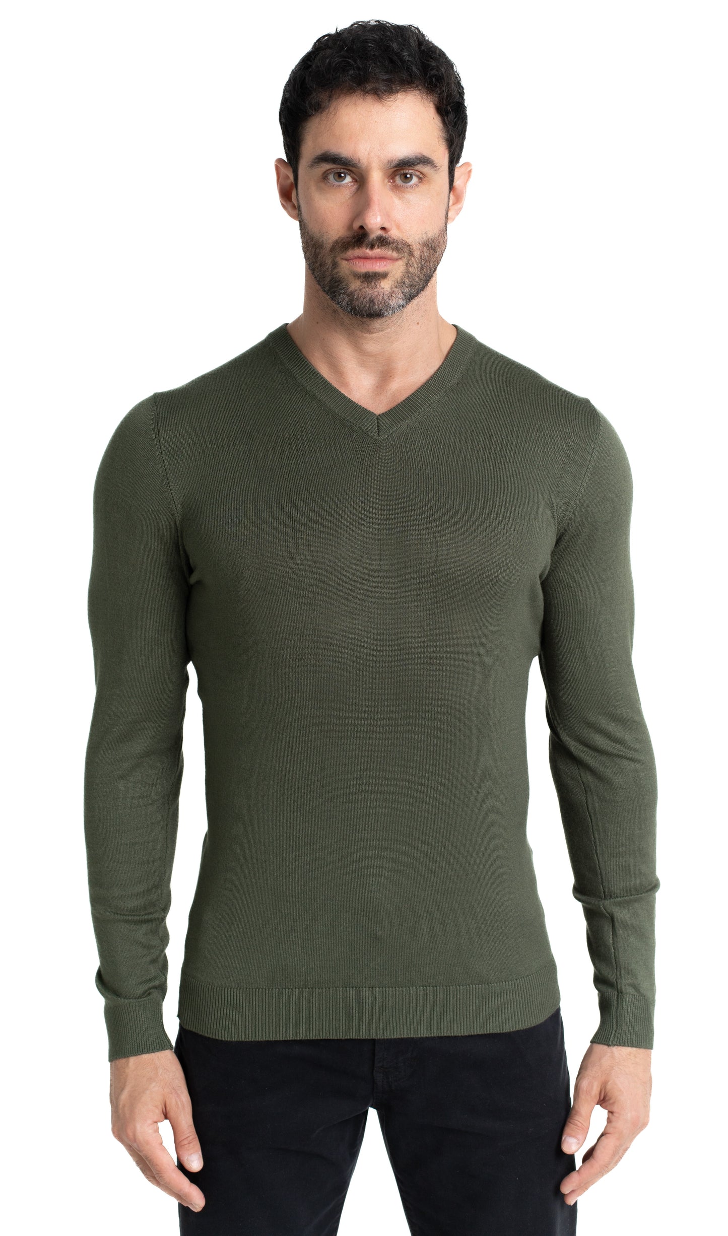 Malha Tricot Decote V Lisa - Verde Militar