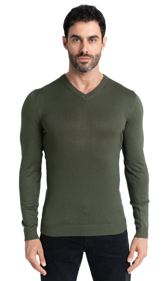 Malha Tricot Decote V Lisa - Verde Militar