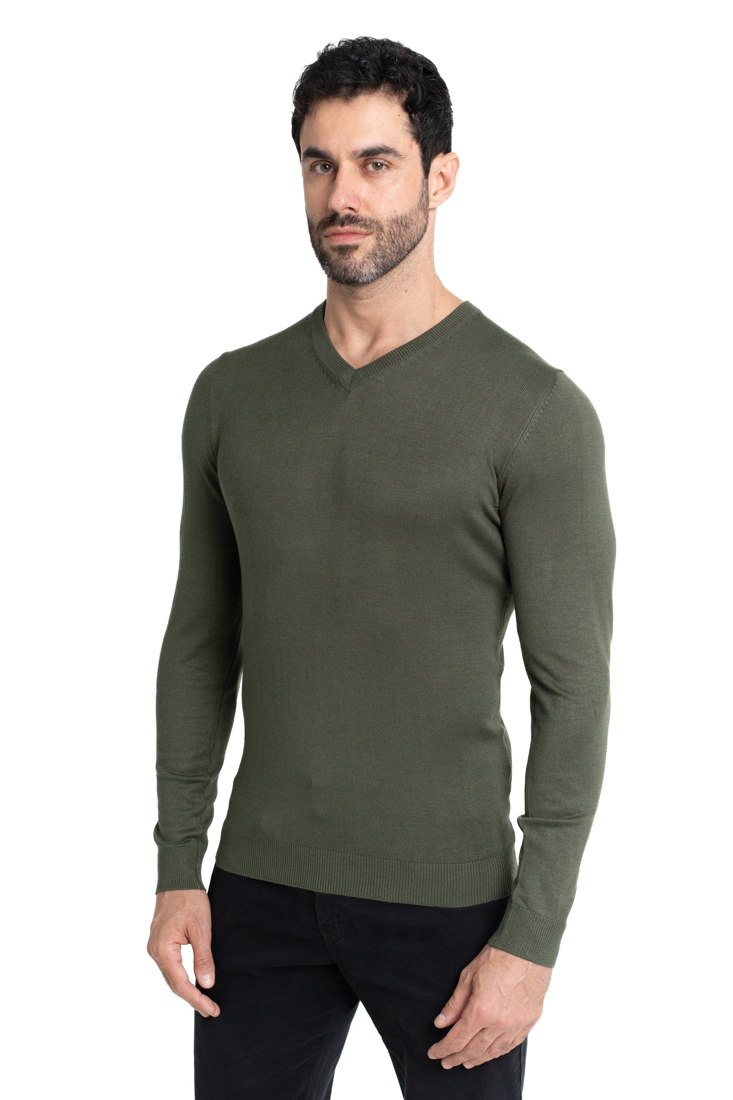 Malha Tricot Decote V Lisa - Verde Militar