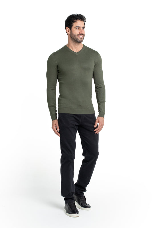 Malha Tricot Decote V Lisa - Verde Militar
