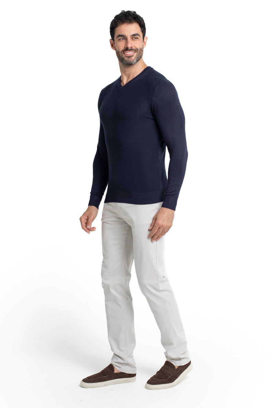 Malha Tricot Decote V Lisa - Azul