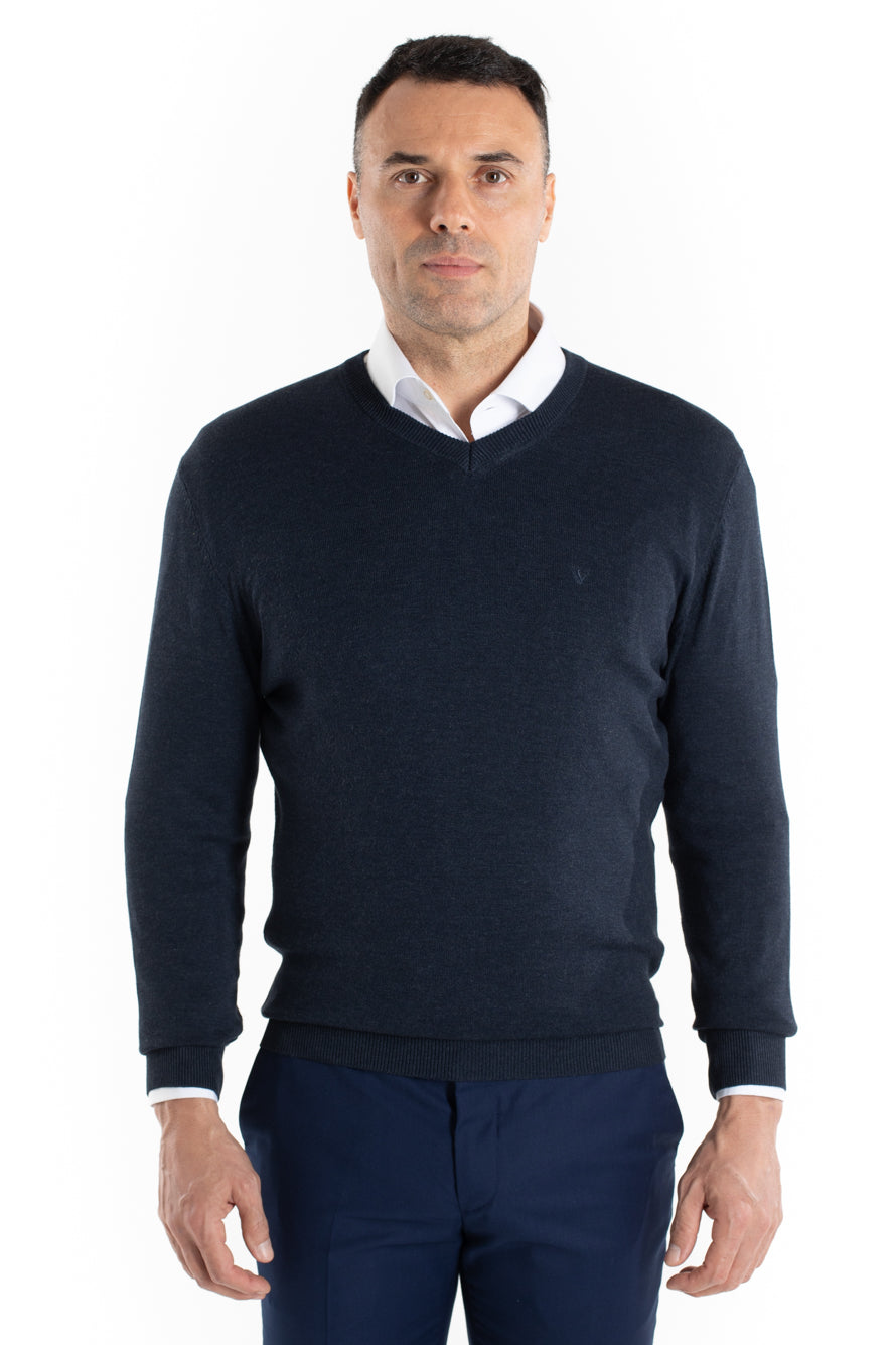 Malha Tricot Decote V - Marinho