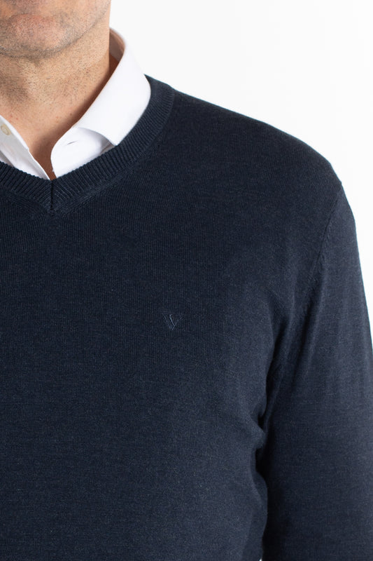 Malha Tricot Decote V - Marinho