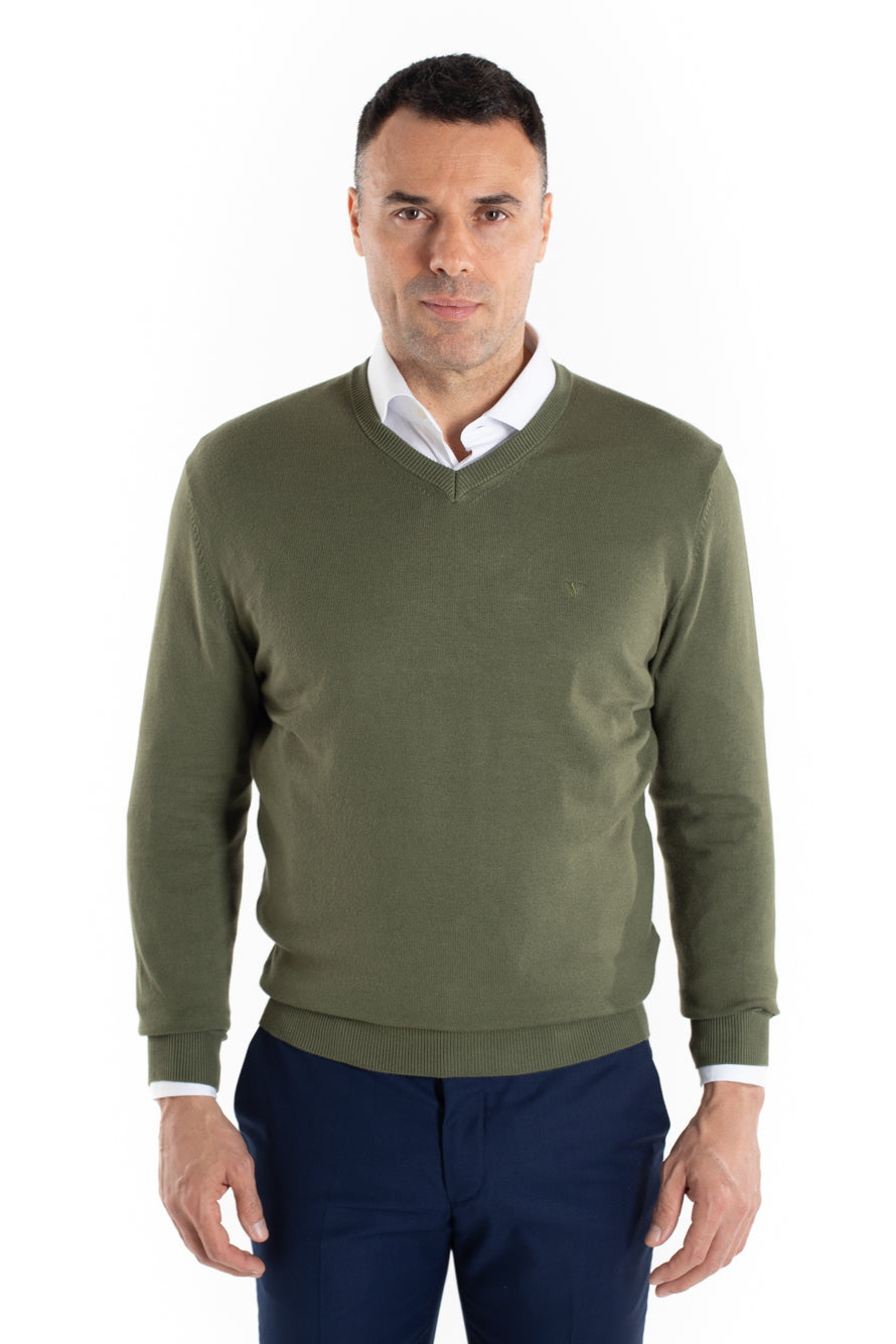 Malha Tricot Decote V - Verde Musgo