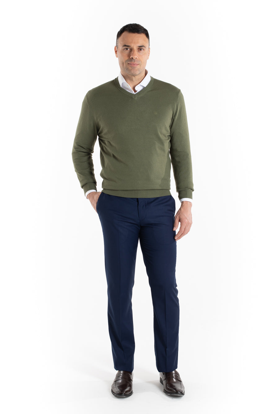 Malha Tricot Decote V - Verde Musgo