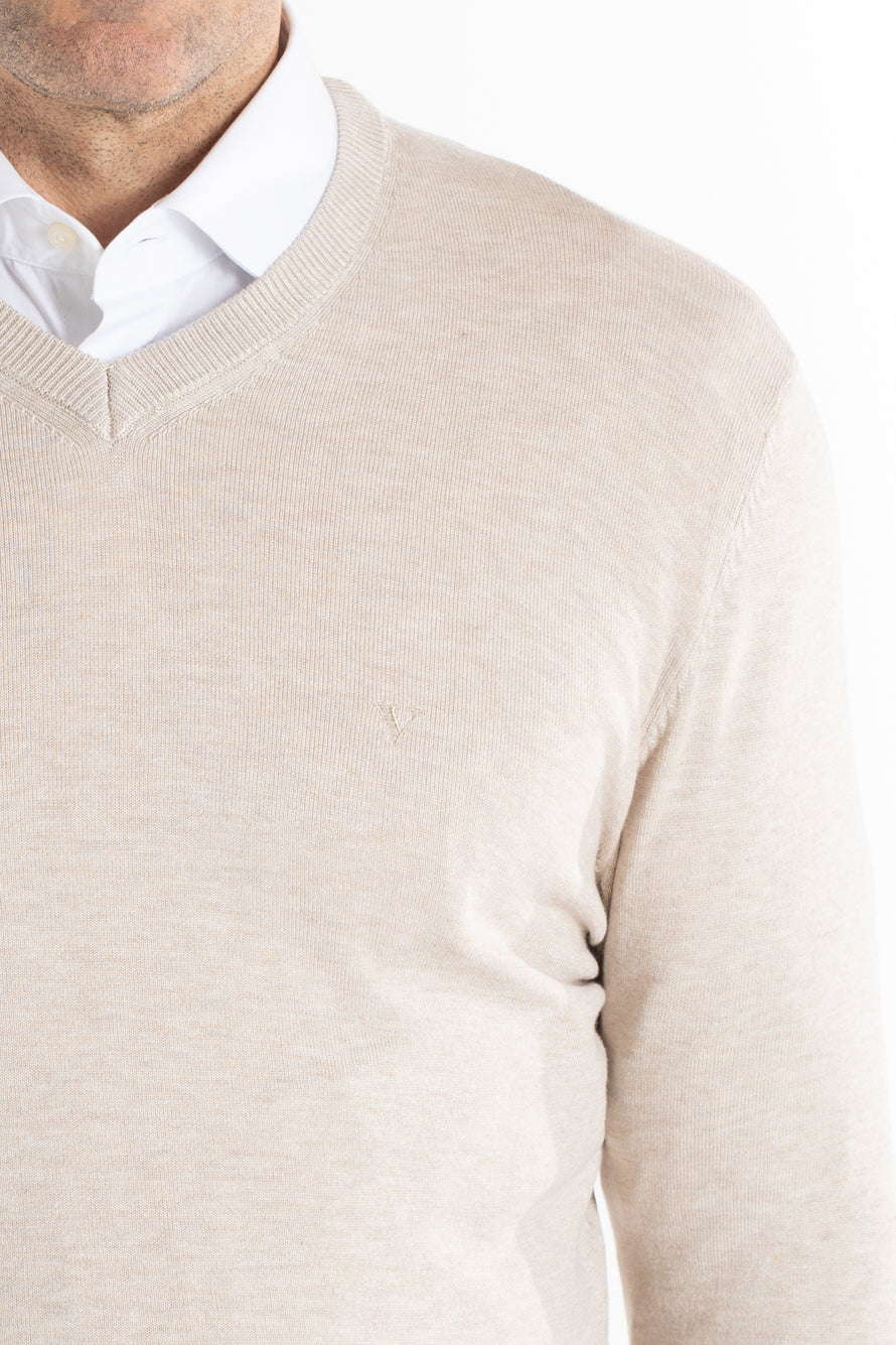 Malha Tricot Decote V - Areia