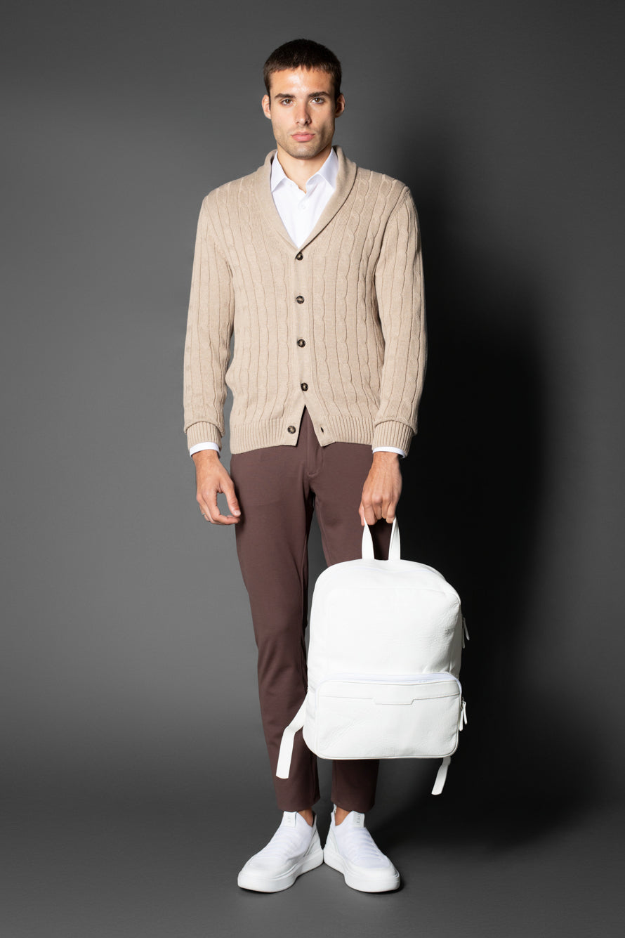 Malha Manga Longa Trançada Gola Xale Com Bolsos - Bege