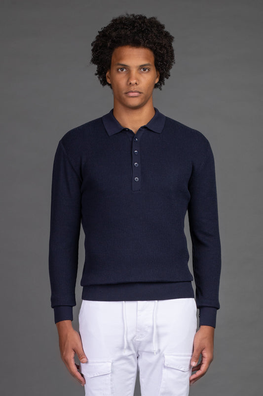 Malha Polo Slim Canelada - Marinho