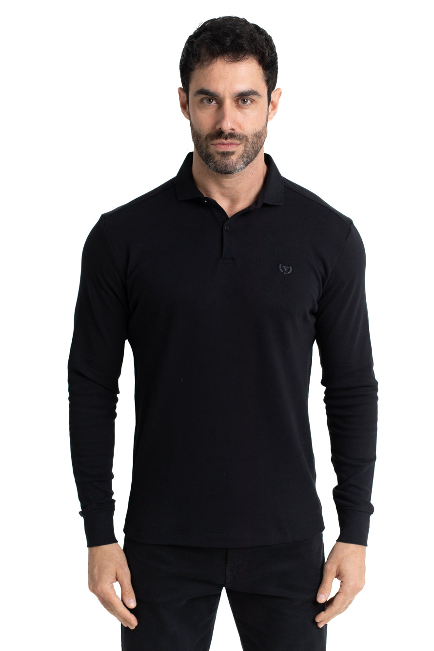 Polo Manga Longa Suedine E Gola - Preto