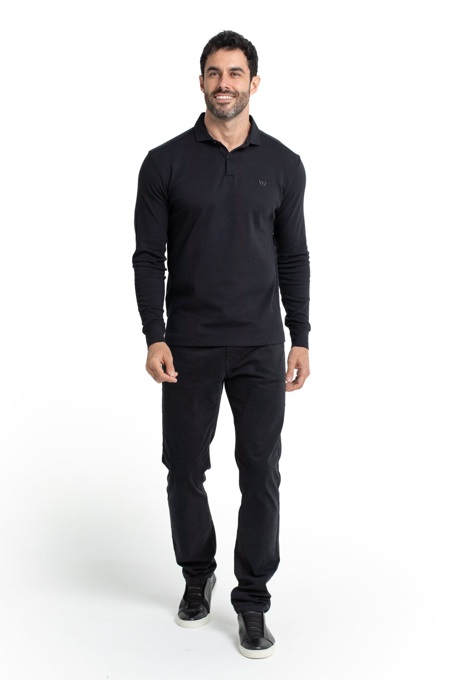 Polo Manga Longa Suedine E Gola - Preto