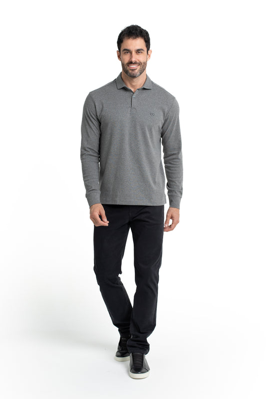 Polo Manga Longa Suedine E Gola - Mescla Grafite