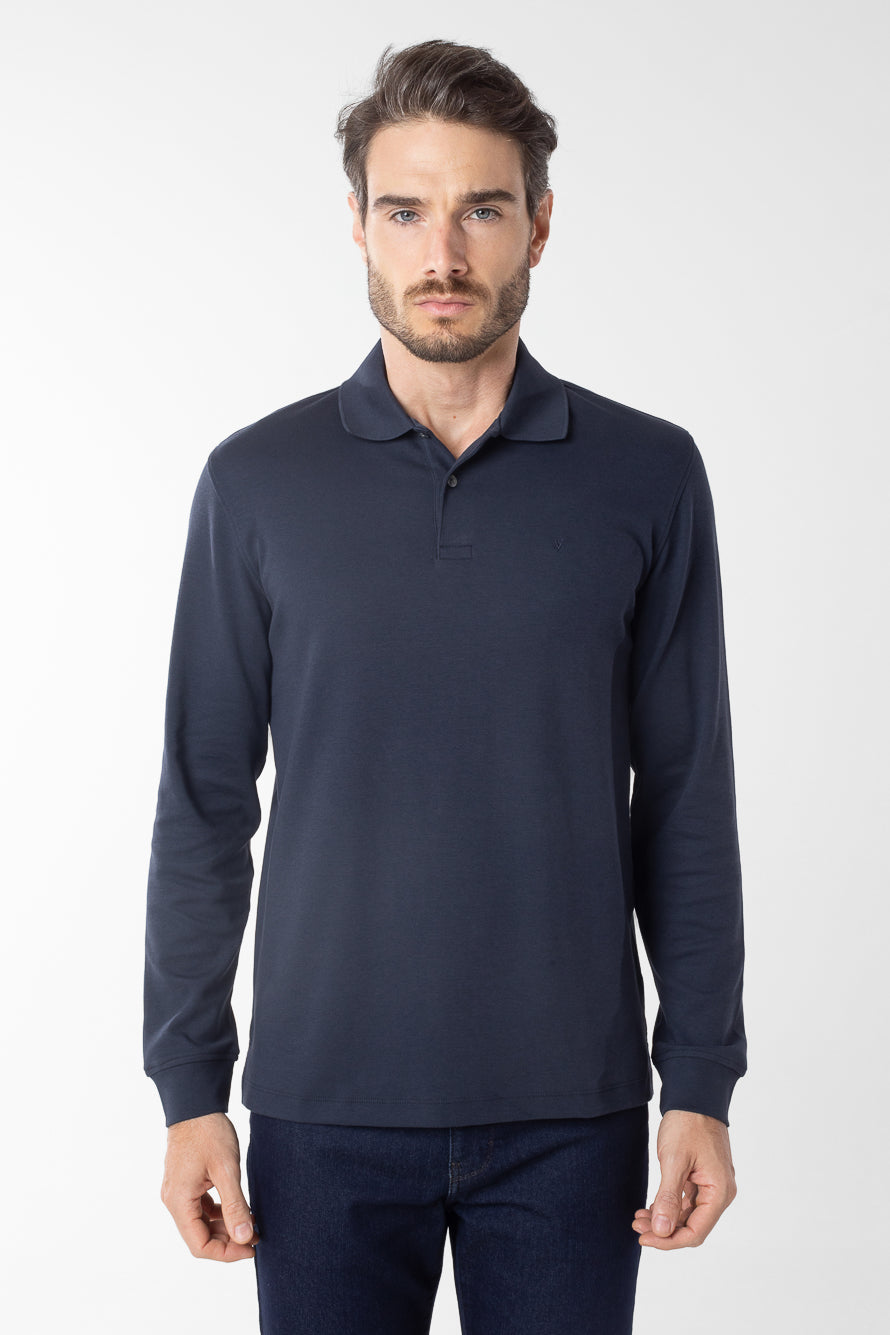 Polo Manga Longa Lisa com Stretch - Marinho