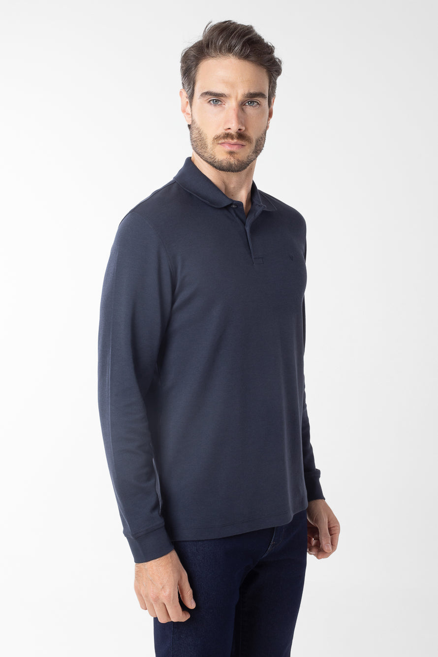 Polo Manga Longa Lisa com Stretch - Marinho