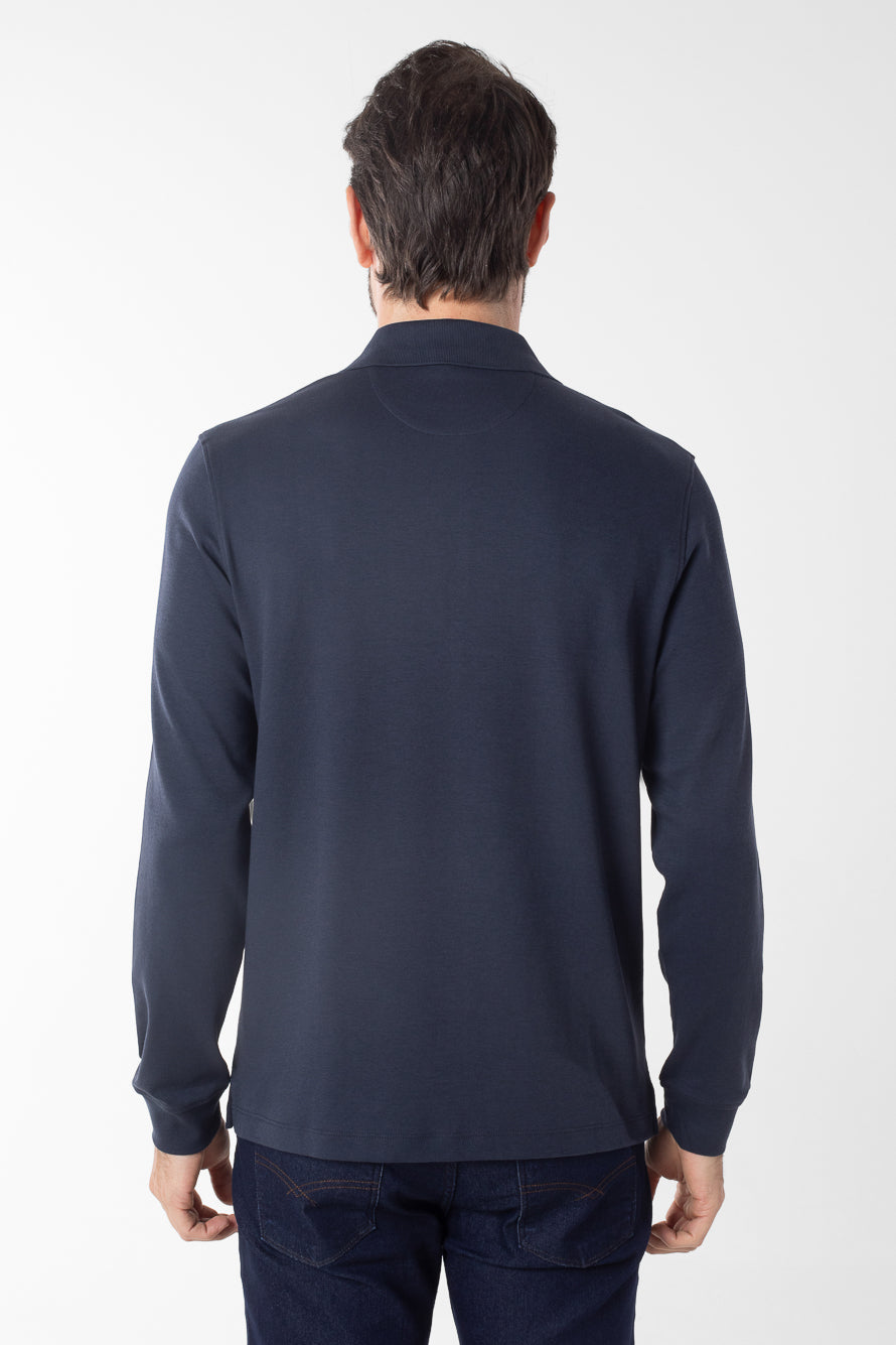 Polo Manga Longa Lisa com Stretch - Marinho