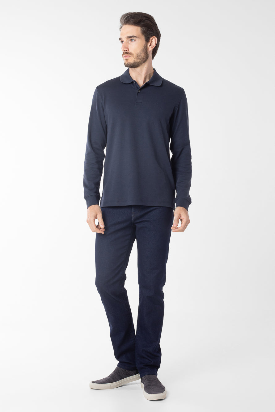 Polo Manga Longa Lisa com Stretch - Marinho