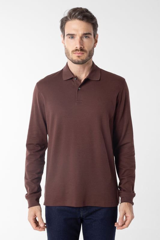 Polo Manga Longa Lisa com Stretch - Marrom