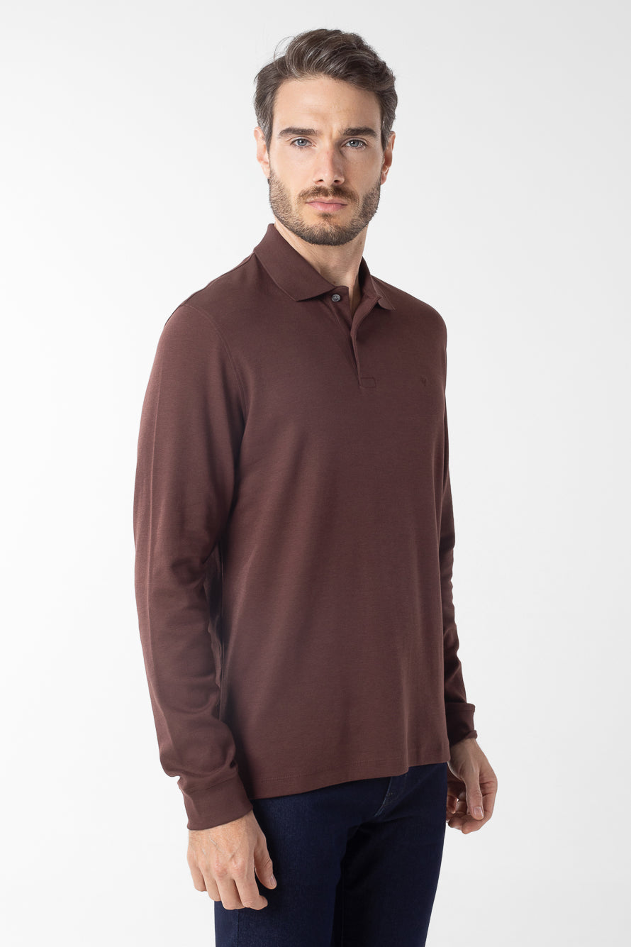 Polo Manga Longa Lisa com Stretch - Marrom