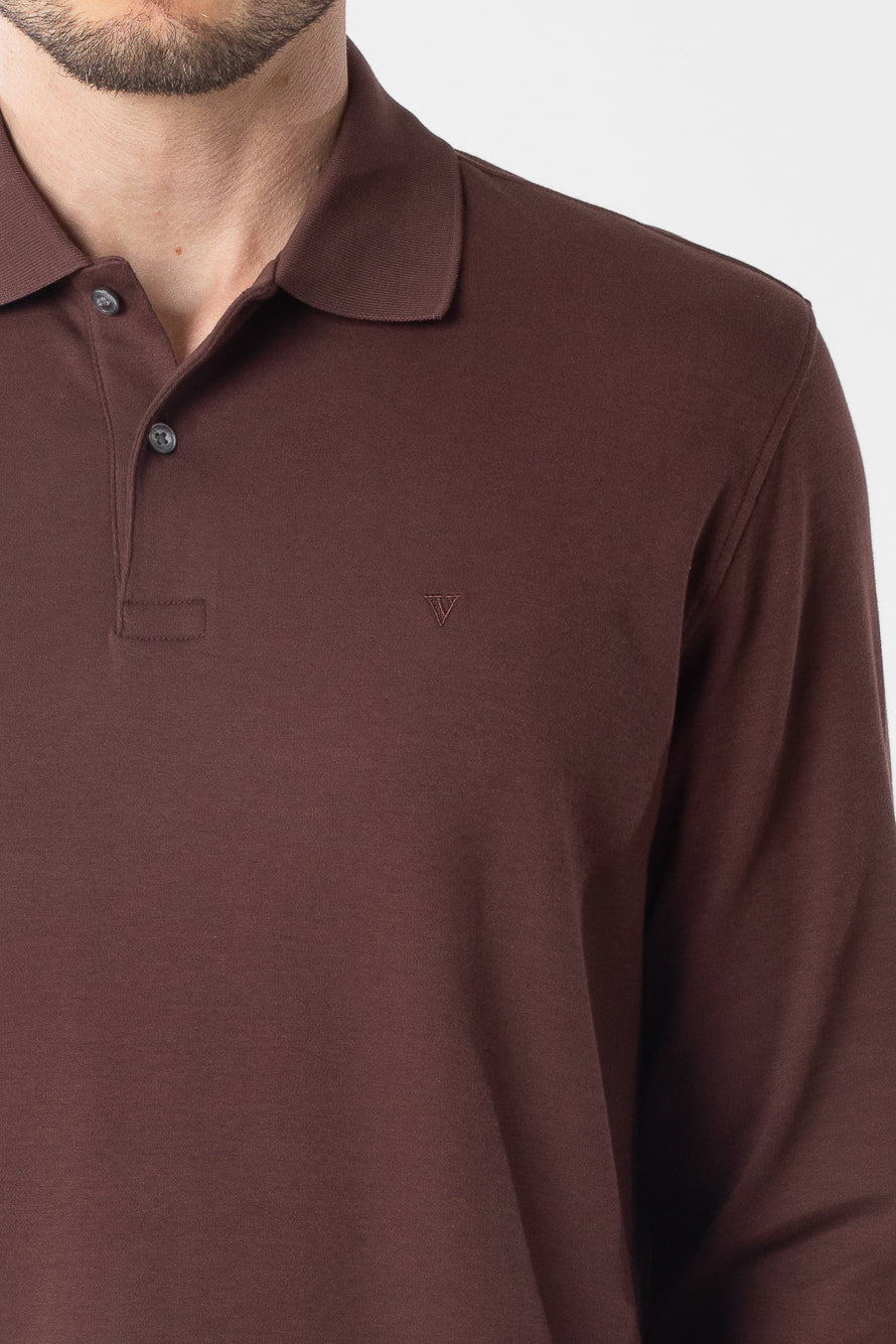 Polo Manga Longa Lisa com Stretch - Marrom