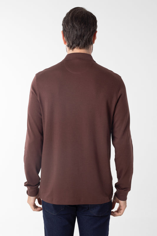 Polo Manga Longa Lisa com Stretch - Marrom