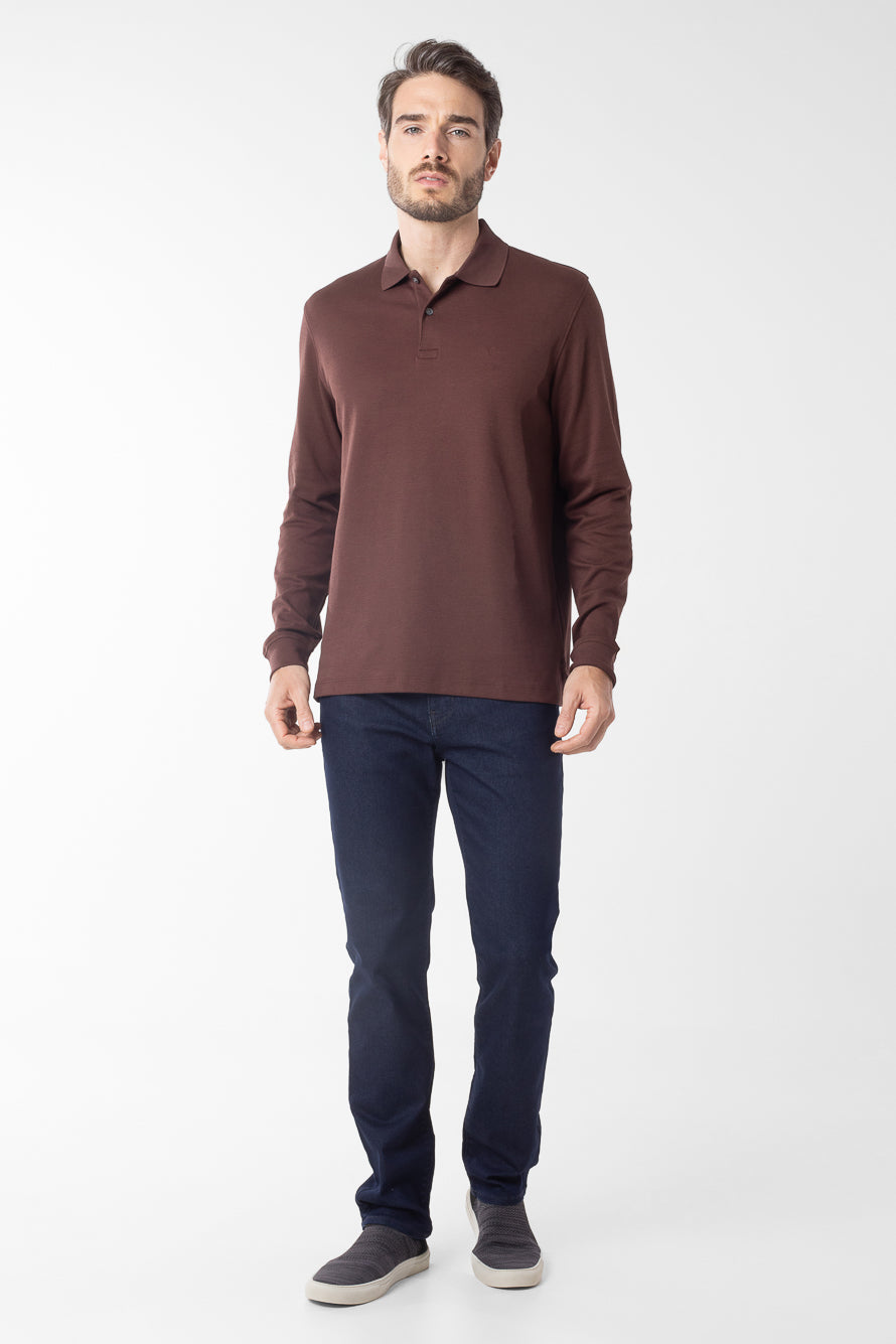 Polo Manga Longa Lisa com Stretch - Marrom