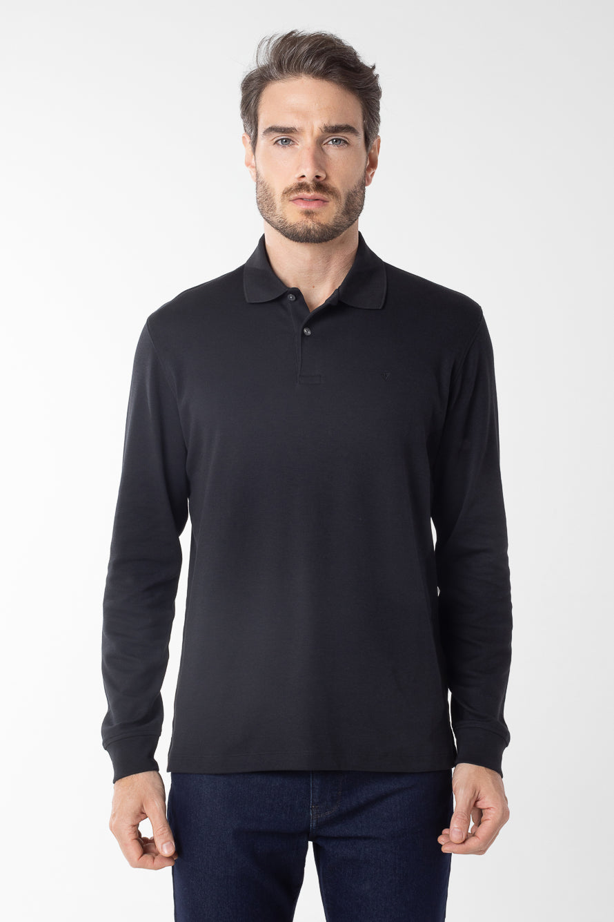 Polo Manga Longa Lisa com Stretch - Preto