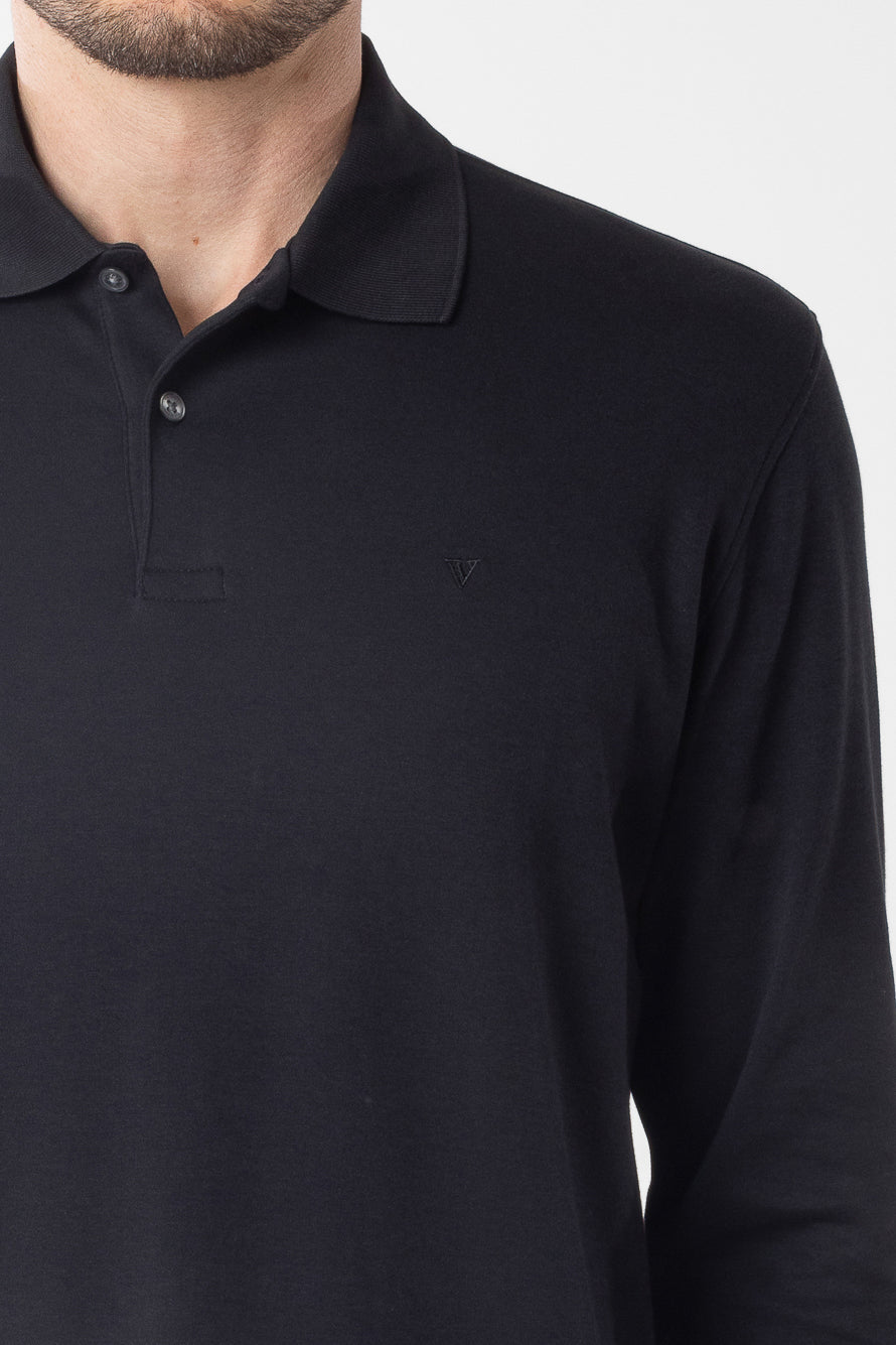 Polo Manga Longa Lisa com Stretch - Preto