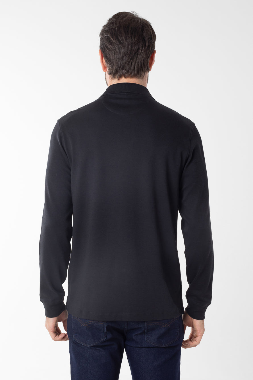 Polo Manga Longa Lisa com Stretch - Preto