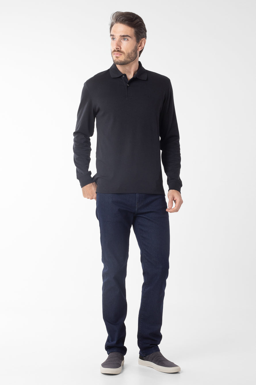 Polo Manga Longa Lisa com Stretch - Preto