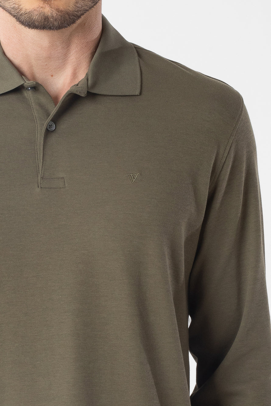 Polo Manga Longa Lisa com Stretch - Verde Militar