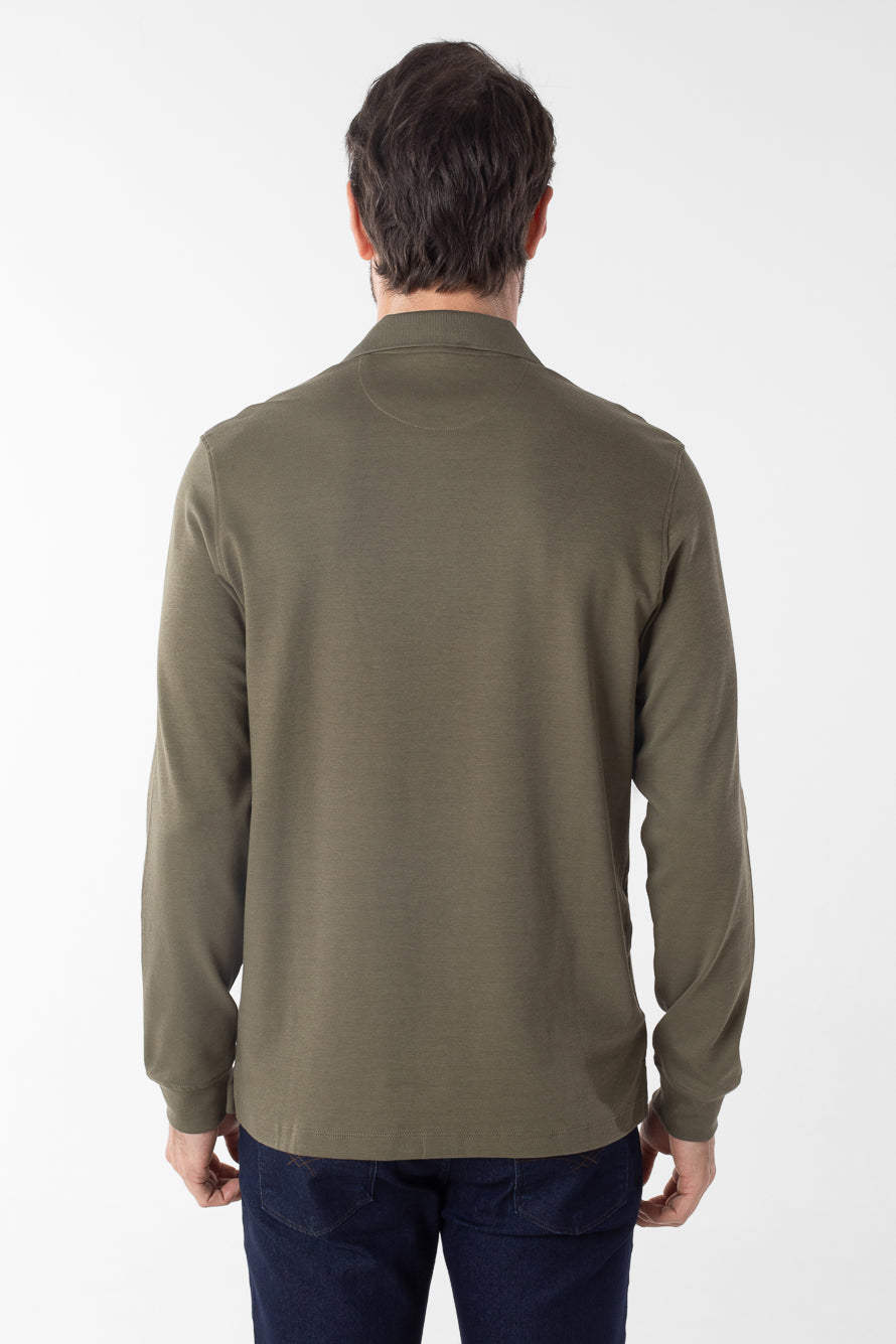 Polo Manga Longa Lisa com Stretch - Verde Militar