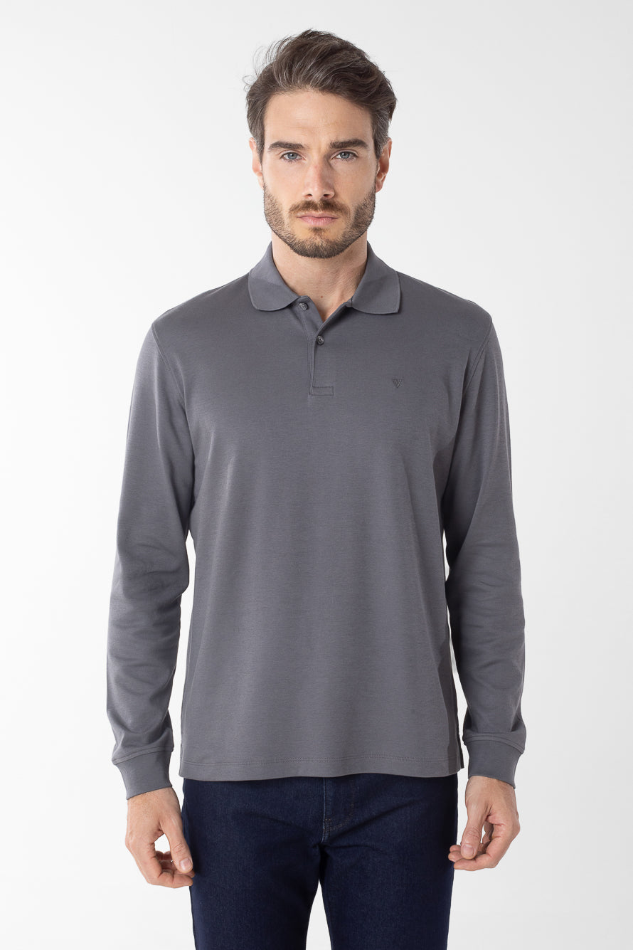 Polo Manga Longa Lisa com Stretch - Cinza