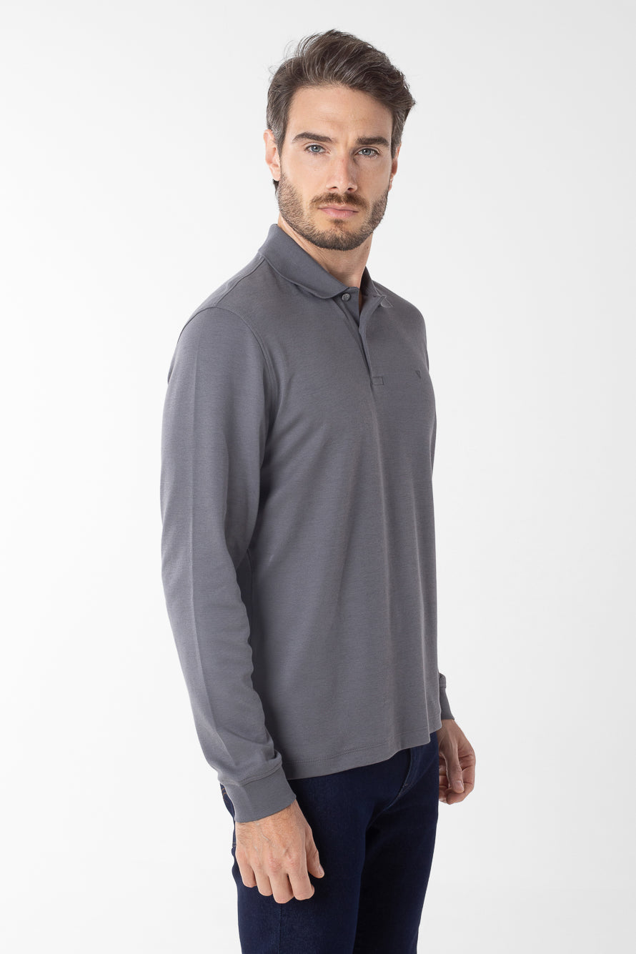 Polo Manga Longa Lisa com Stretch - Cinza