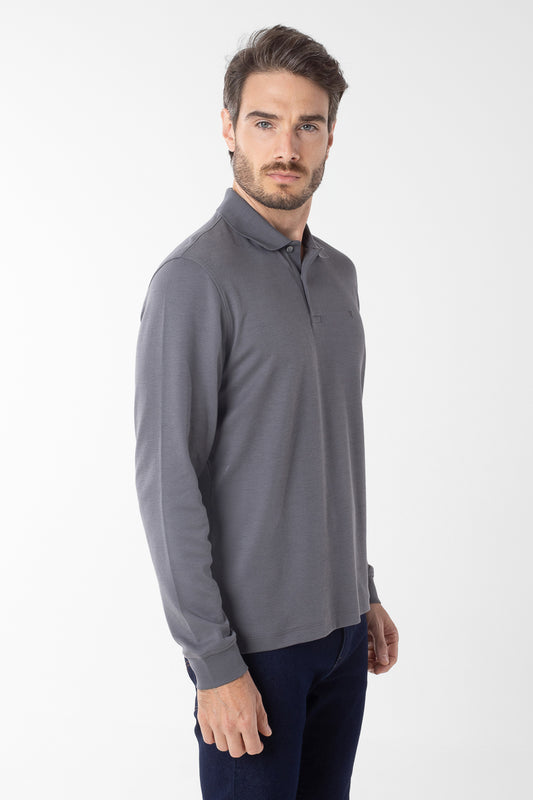 Polo Manga Longa Lisa com Stretch - Cinza