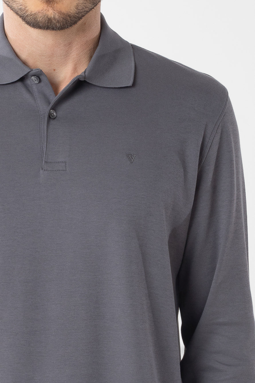 Polo Manga Longa Lisa com Stretch - Cinza