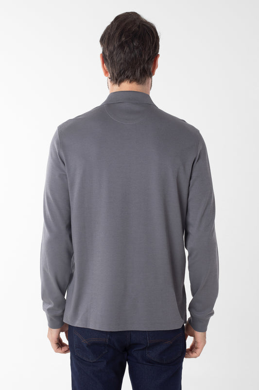 Polo Manga Longa Lisa com Stretch - Cinza