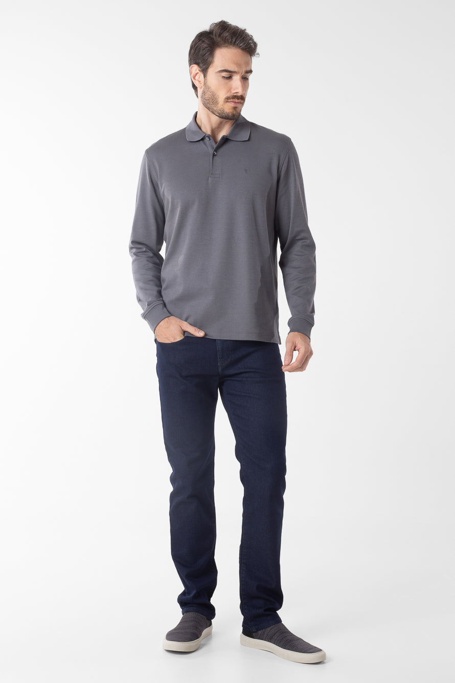 Polo Manga Longa Lisa com Stretch - Cinza