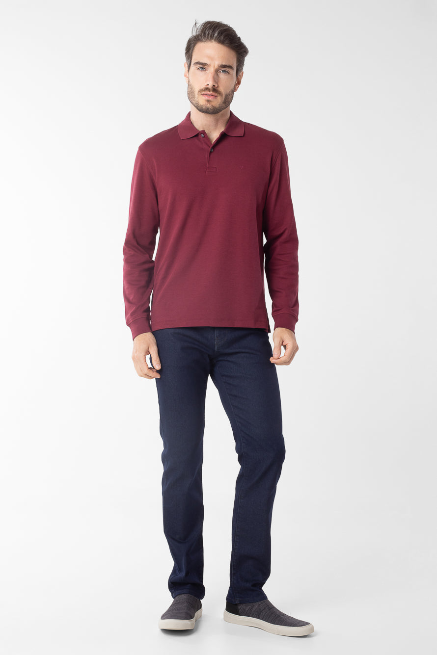 Polo Manga Longa Lisa com Stretch - Vinho