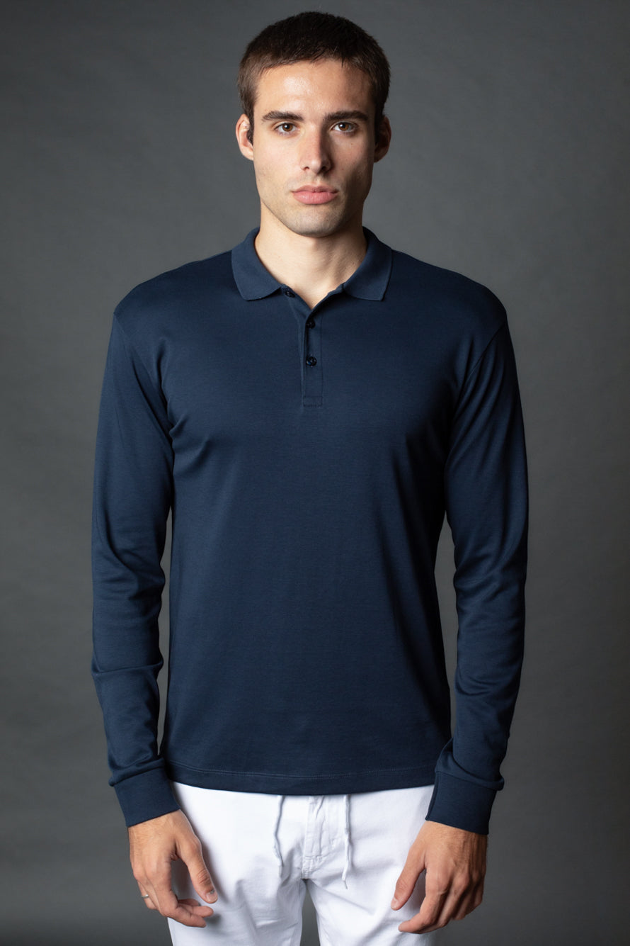 Polo Manga Longa Slim 3 Botoes Pima - Marinho