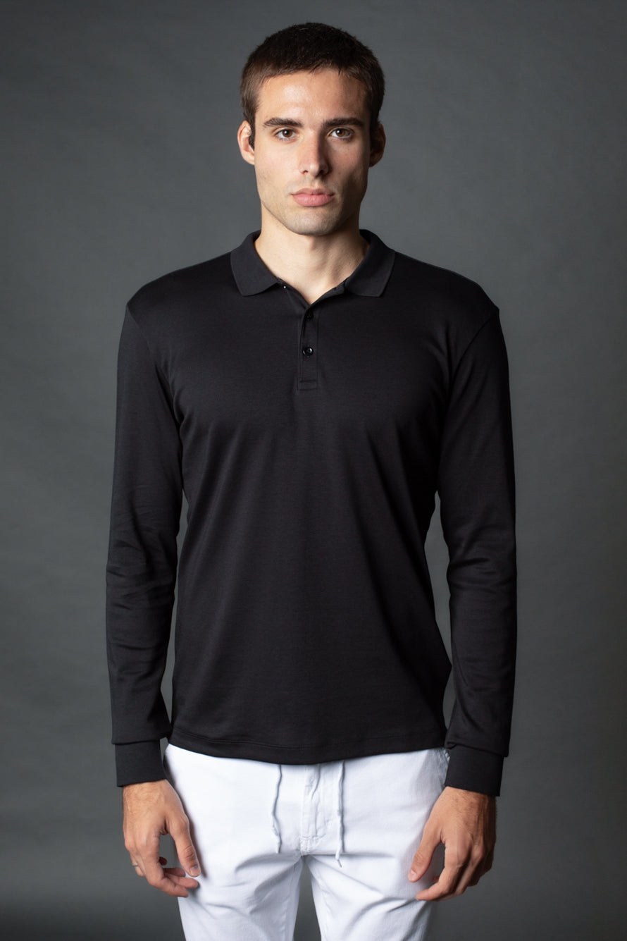 Polo Manga Longa Slim 3 Botoes Pima - Preto