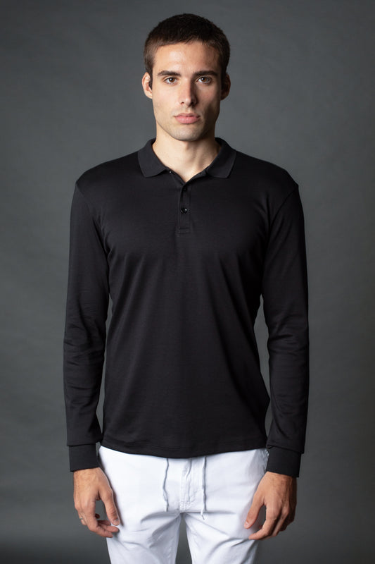 Polo Manga Longa Slim 3 Botoes Pima - Preto