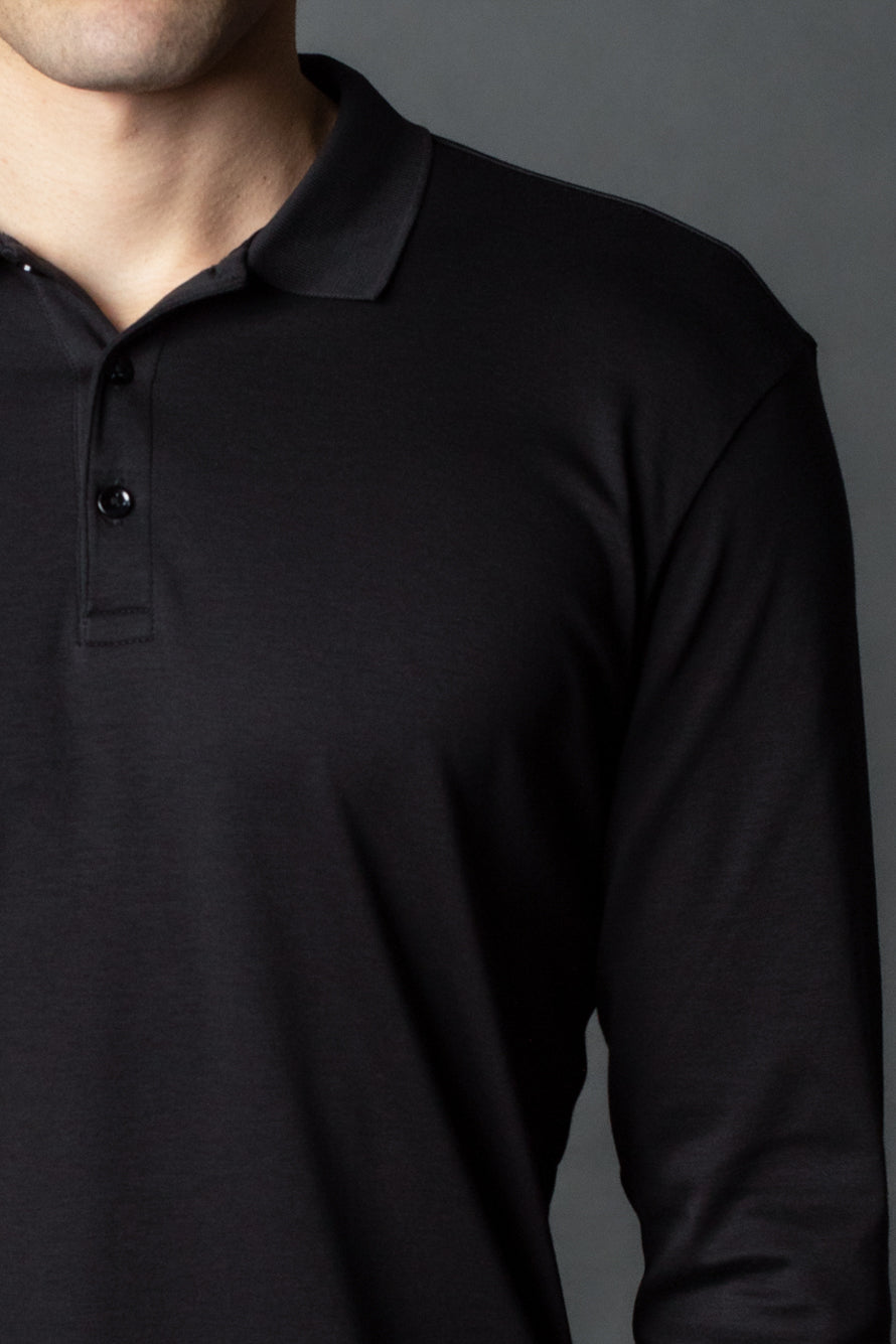 Polo Manga Longa Slim 3 Botoes Pima - Preto