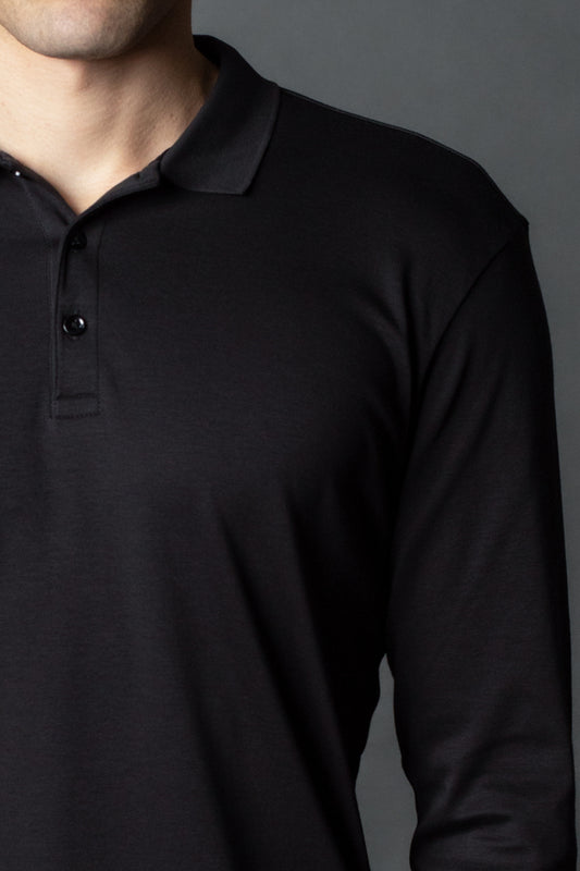 Polo Manga Longa Slim 3 Botoes Pima - Preto
