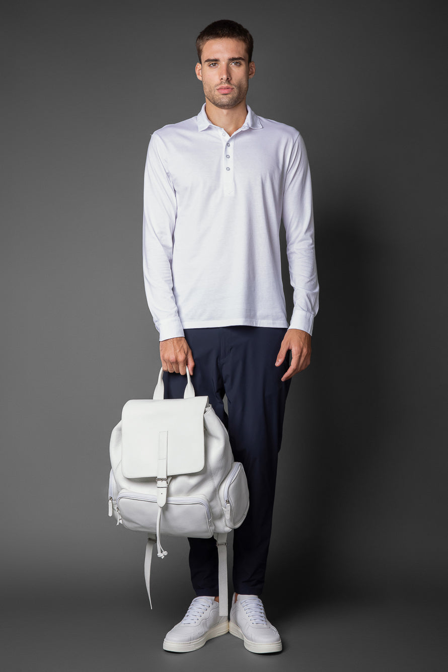 Polo Manga Longa Slim Pima 5 Botões Gola Camisa - Branco