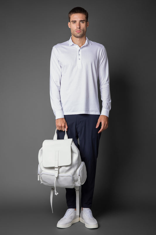 Polo Manga Longa Slim Pima 5 Botões Gola Camisa - Branco