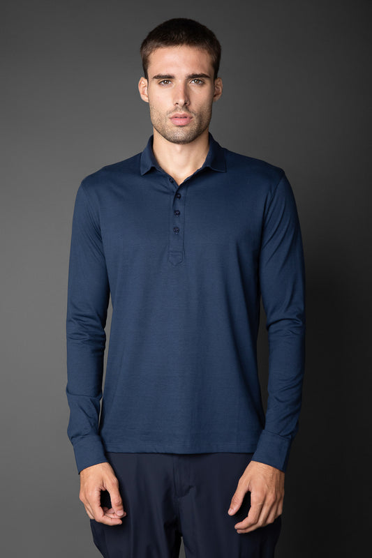 Polo Manga Longa Slim Pima 5 Botões Gola Camisa - Marinho