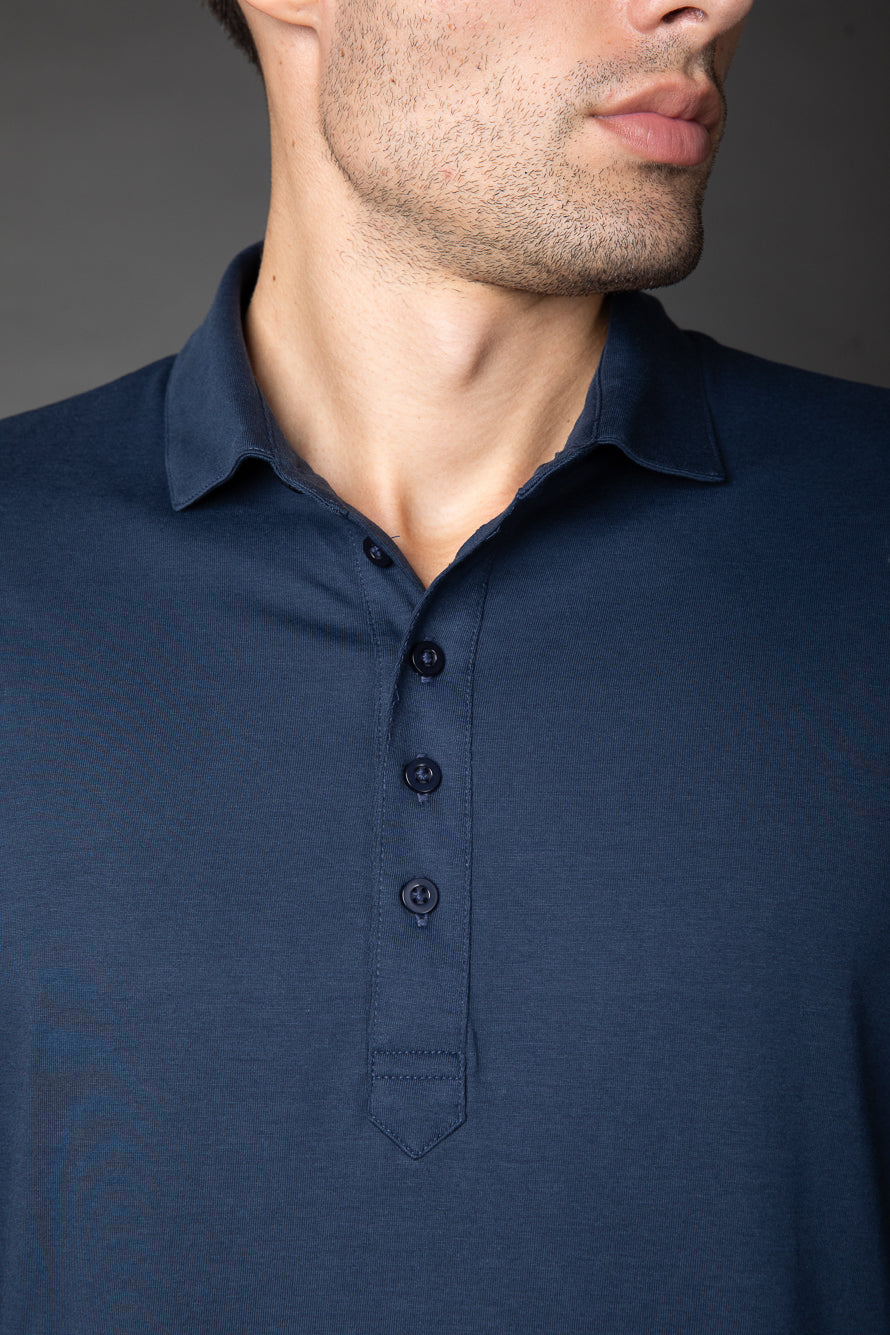 Polo Manga Longa Slim Pima 5 Botões Gola Camisa - Marinho