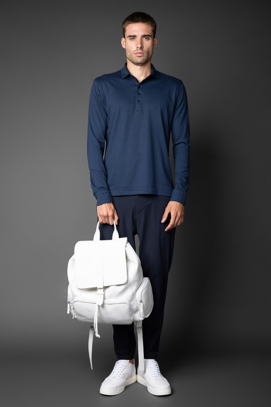 Polo Manga Longa Slim Pima 5 Botões Gola Camisa - Marinho
