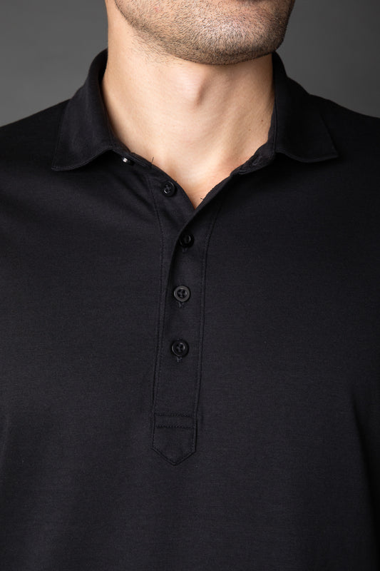 Polo Manga Longa Slim Pima 5 Botões Gola Camisa - Preto