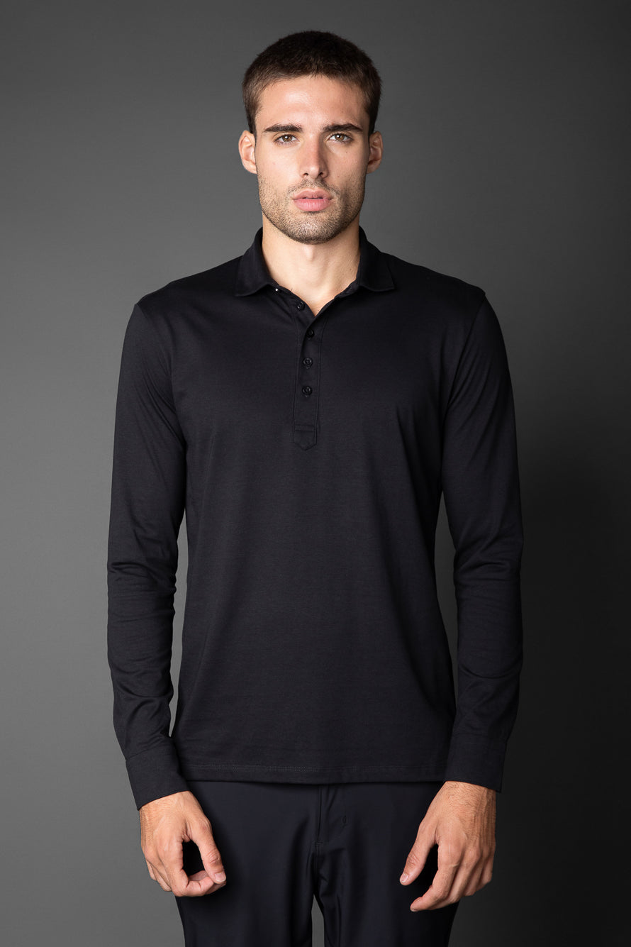Polo Manga Longa Slim Pima 5 Botões Gola Camisa - Preto