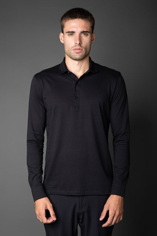 Polo Manga Longa Slim Pima 5 Botões Gola Camisa - Preto